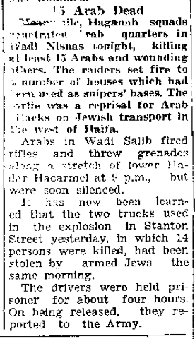 A newspaper snippet reporting the killing of Palestinian civilians in Israel.