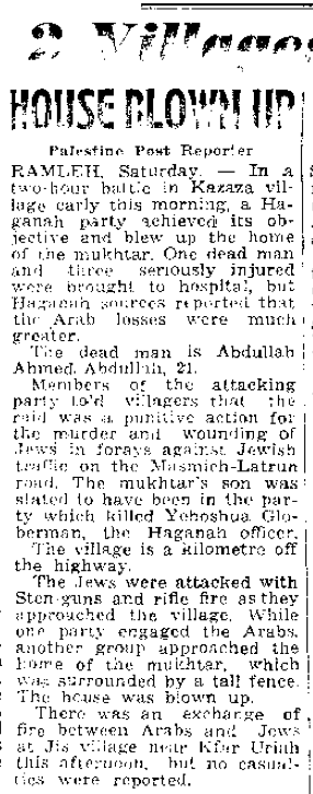 A newspaper snippet describing Zionist terrorism.