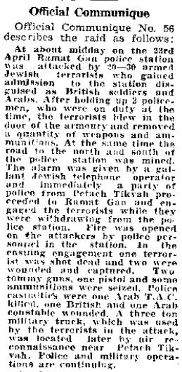 British Communique 56, as published on 23 April 1946 detailing the Jewish terror attack on Ramat Gan Fort.